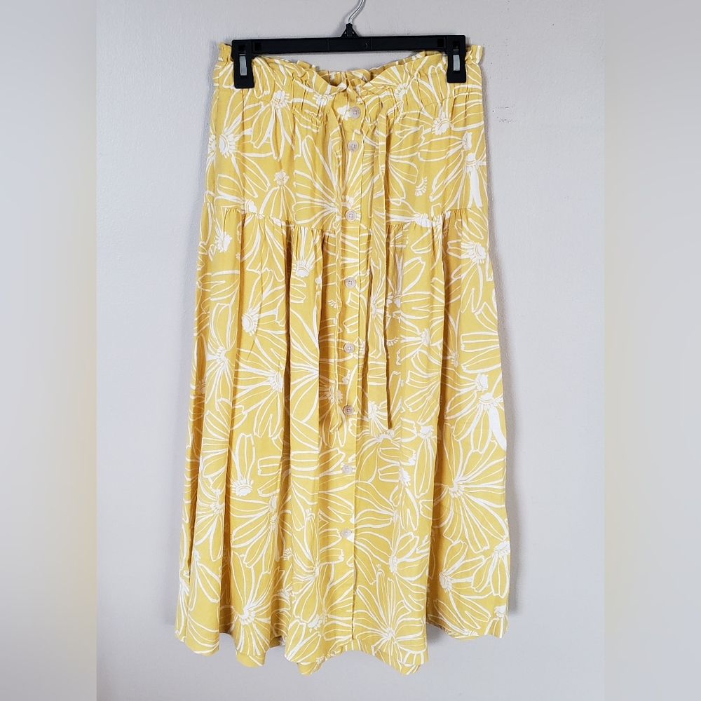 Linen Blend Yellow Floral Print Women's Long Skirt Size Small